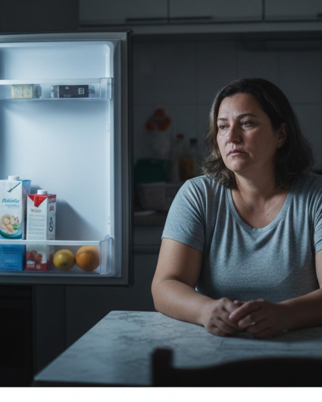 Mulher lutando contra a compulsão alimentar na geladeira